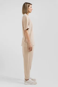 Oversize beige unisex short-sleeved T-shirt in overdyed cotton