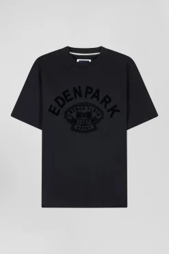 Oversize black short-sleeved cotton T-shirt with Eden Park Rugby print