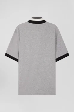 Oversize black short-sleeved cotton piqué polo shirt with tricolor details
