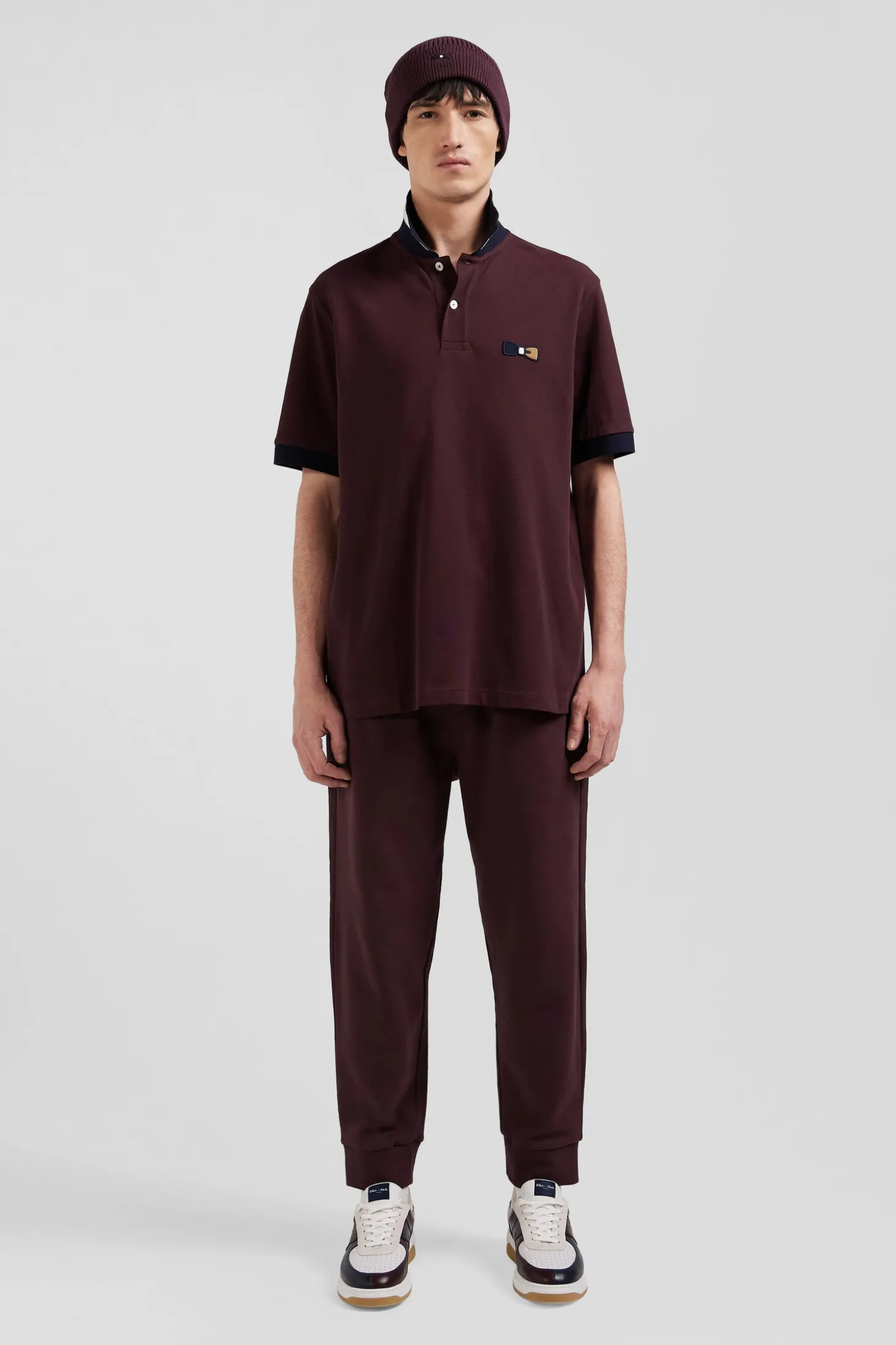 Oversize burgundy short-sleeved cotton piqué polo shirt with tricolor details
