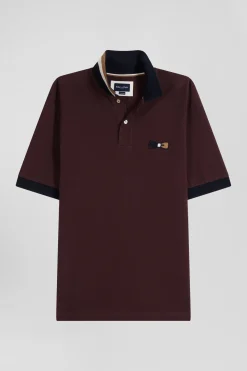 Oversize burgundy short-sleeved cotton piqué polo shirt with tricolor details