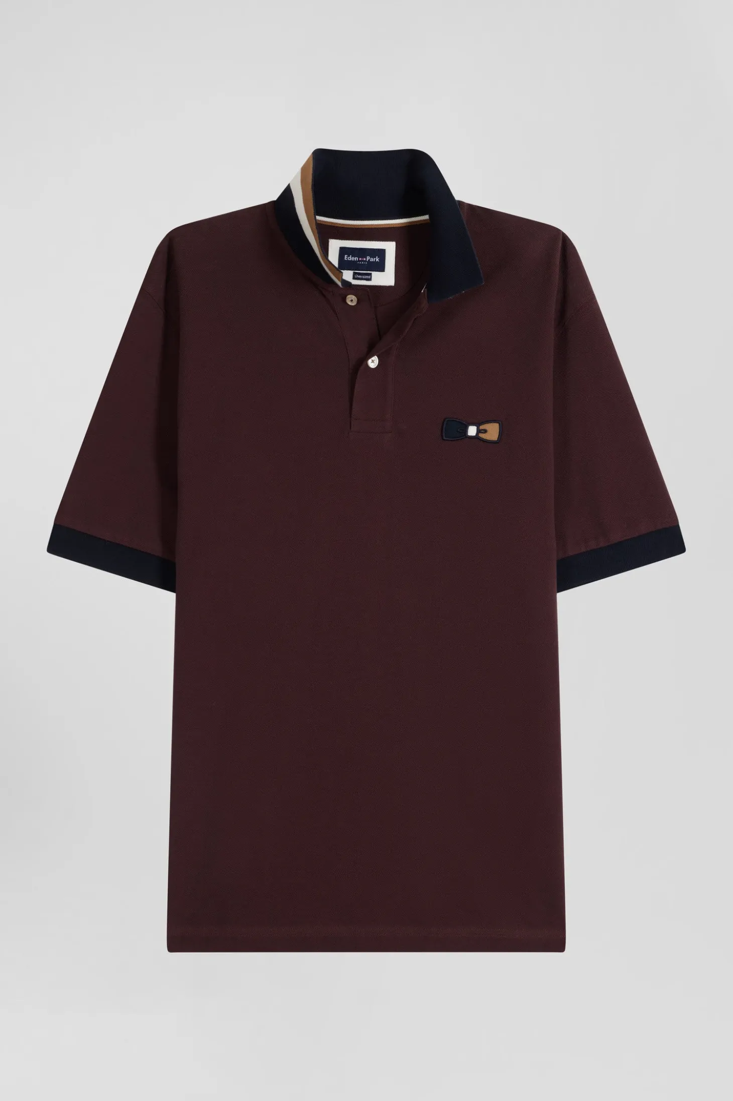 Oversize burgundy short-sleeved cotton piqué polo shirt with tricolor details