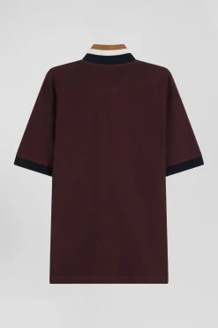 Oversize burgundy short-sleeved cotton piqué polo shirt with tricolor details