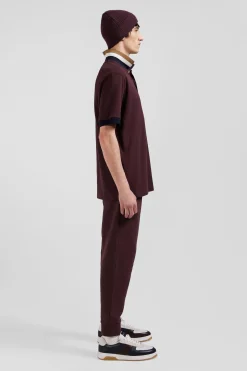 Oversize burgundy short-sleeved cotton piqué polo shirt with tricolor details
