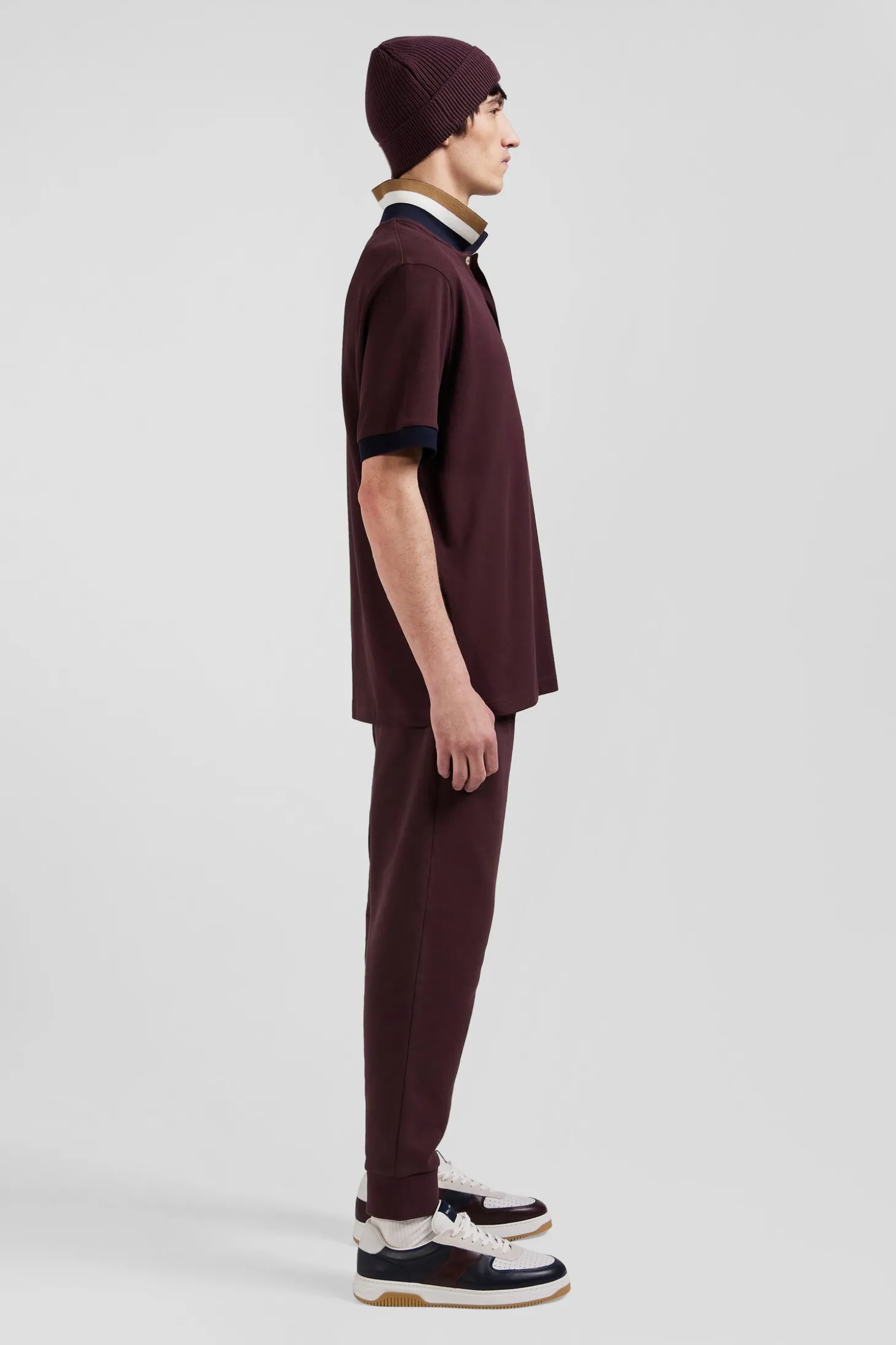 Oversize burgundy short-sleeved cotton piqué polo shirt with tricolor details