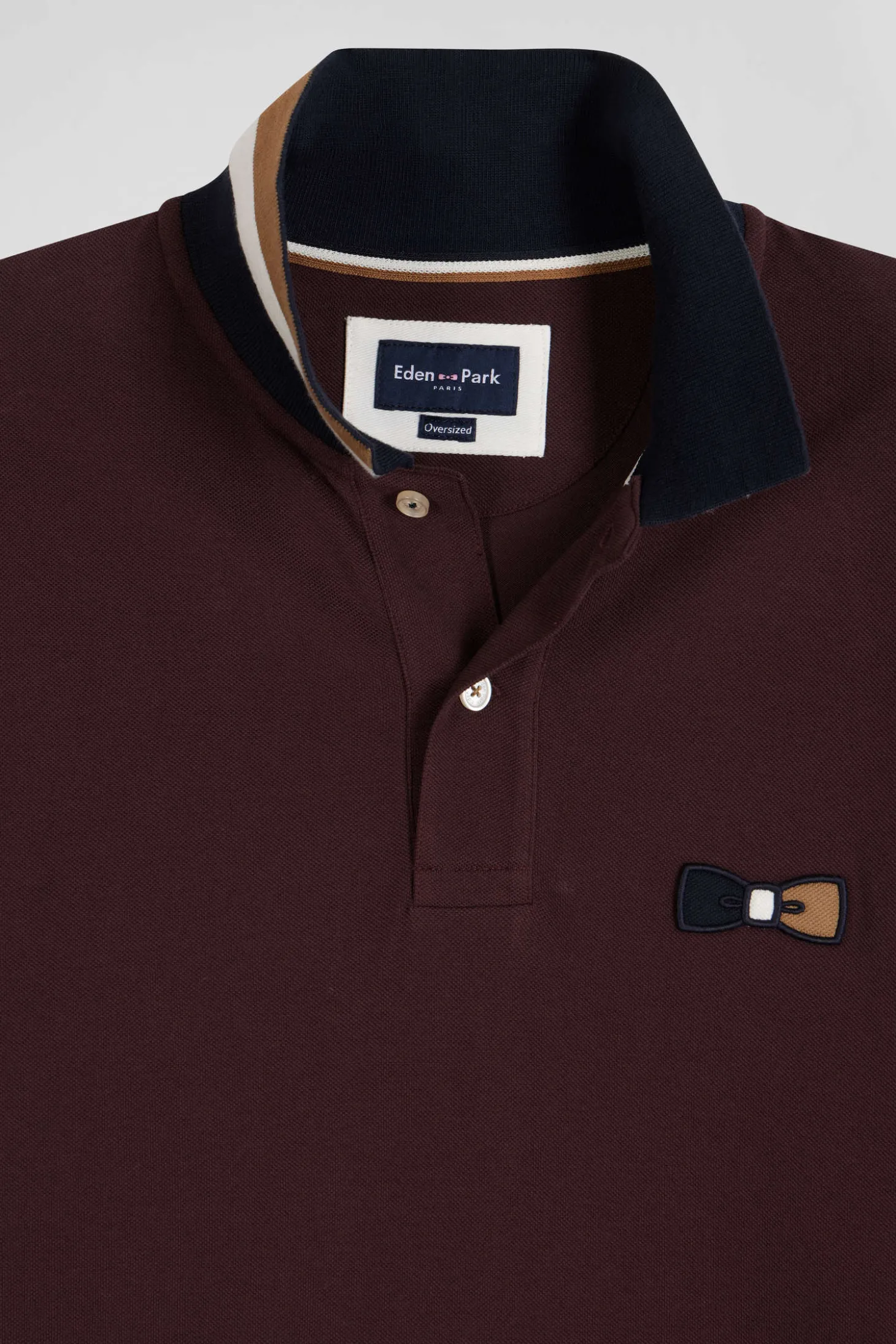 Oversize burgundy short-sleeved cotton piqué polo shirt with tricolor details