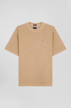 Oversize camel unisex short-sleeved T-shirt in overdyed cotton