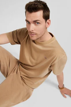 Oversize camel unisex short-sleeved T-shirt in overdyed cotton