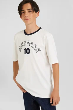 Oversize ecru embroidered short-sleeved cotton T-shirt