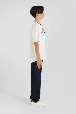 Oversize ecru embroidered short-sleeved cotton T-shirt