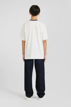 Oversize ecru embroidered short-sleeved cotton T-shirt