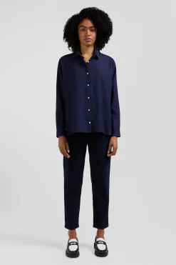 Oversize indigo cotton and cashmere shirt