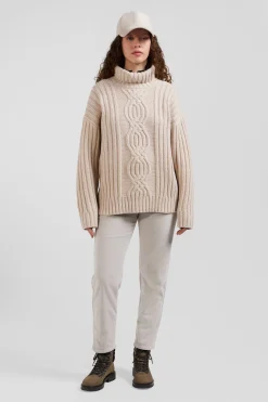 Oversize ivory wool blend high neck jumper with bow effect