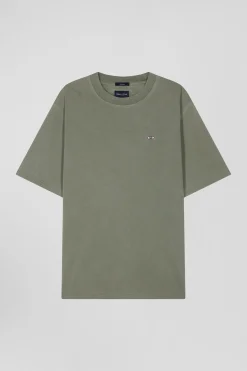 Oversize khaki unisex short-sleeved T-shirt in overdyed cotton