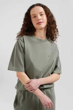 Oversize khaki unisex short-sleeved T-shirt in overdyed cotton