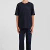 Oversize navy blue embroidered short-sleeved cotton T-shirt