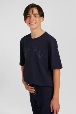Oversize navy blue embroidered short-sleeved cotton T-shirt