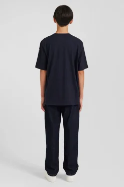 Oversize navy blue embroidered short-sleeved cotton T-shirt