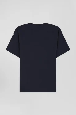 Oversize navy blue embroidered short-sleeved cotton T-shirt