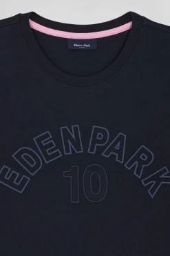 Oversize navy blue embroidered short-sleeved cotton T-shirt