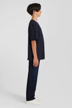 Oversize navy blue embroidered short-sleeved cotton T-shirt