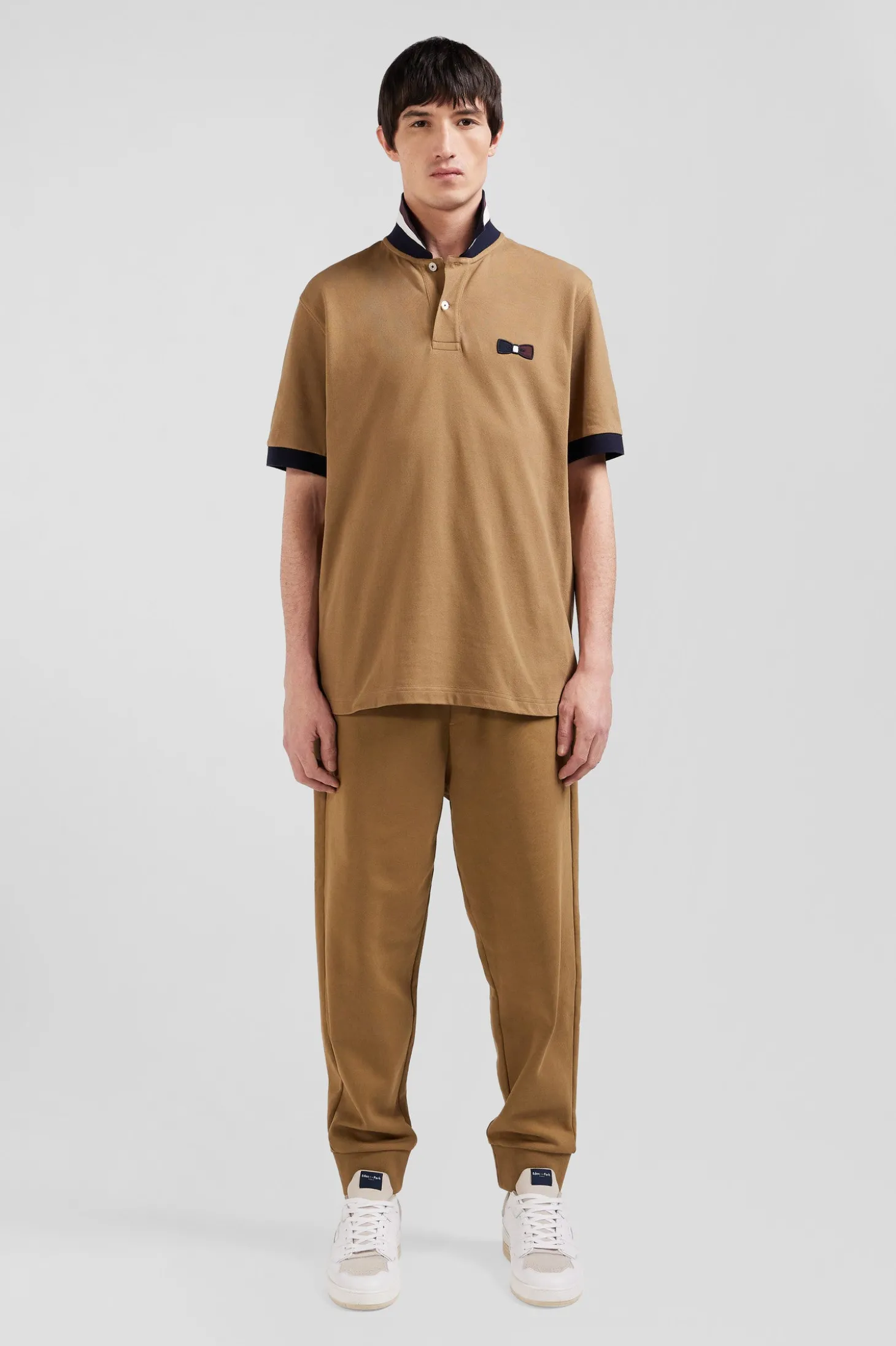 Oversize navy blue short-sleeved cotton piqué polo shirt with tricolor details