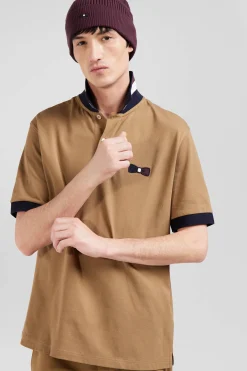 Oversize navy blue short-sleeved cotton piqué polo shirt with tricolor details