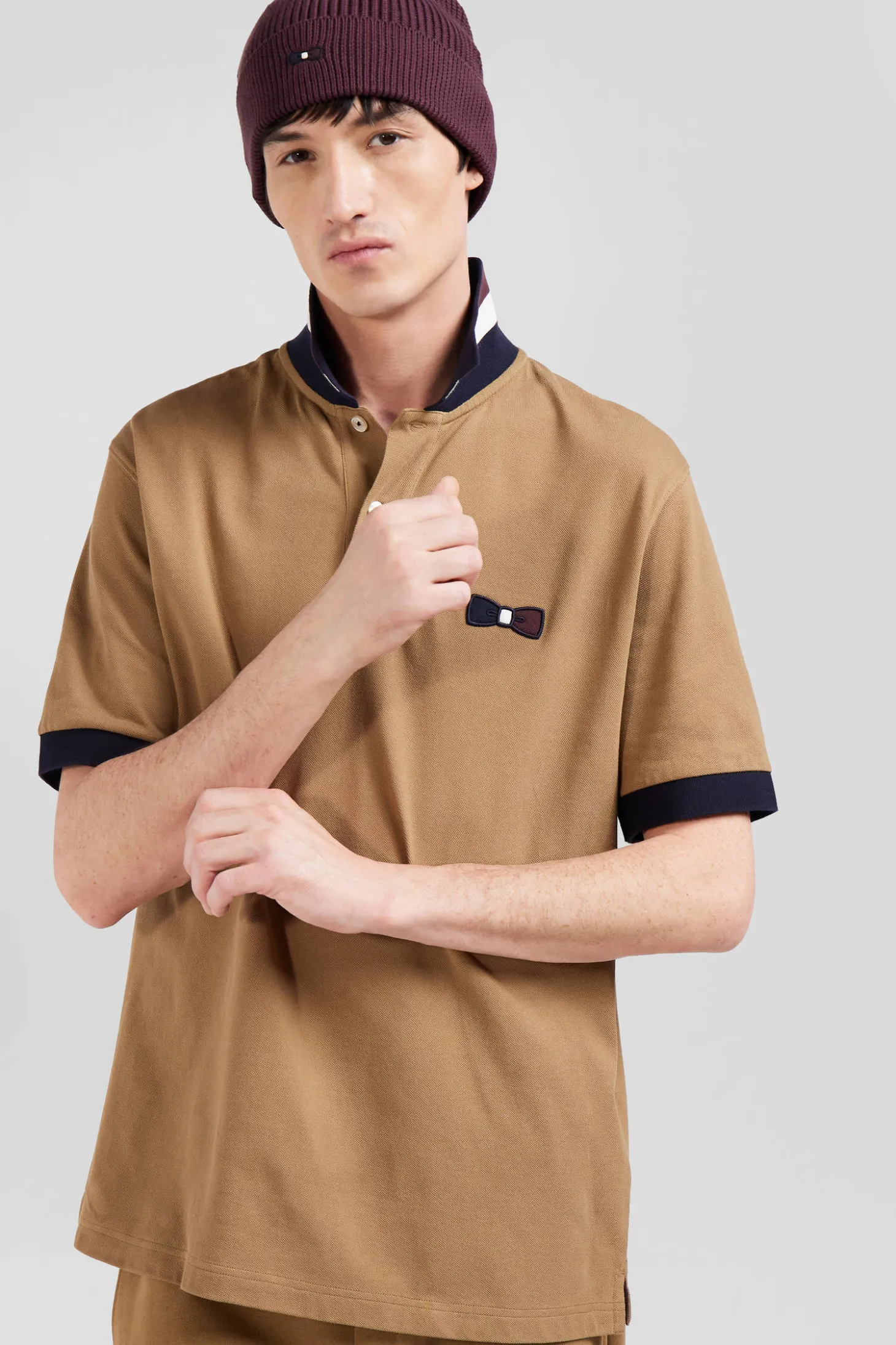 Oversize navy blue short-sleeved cotton piqué polo shirt with tricolor details