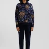Oversize navy wool and cotton crew neck jumper with floral patterns