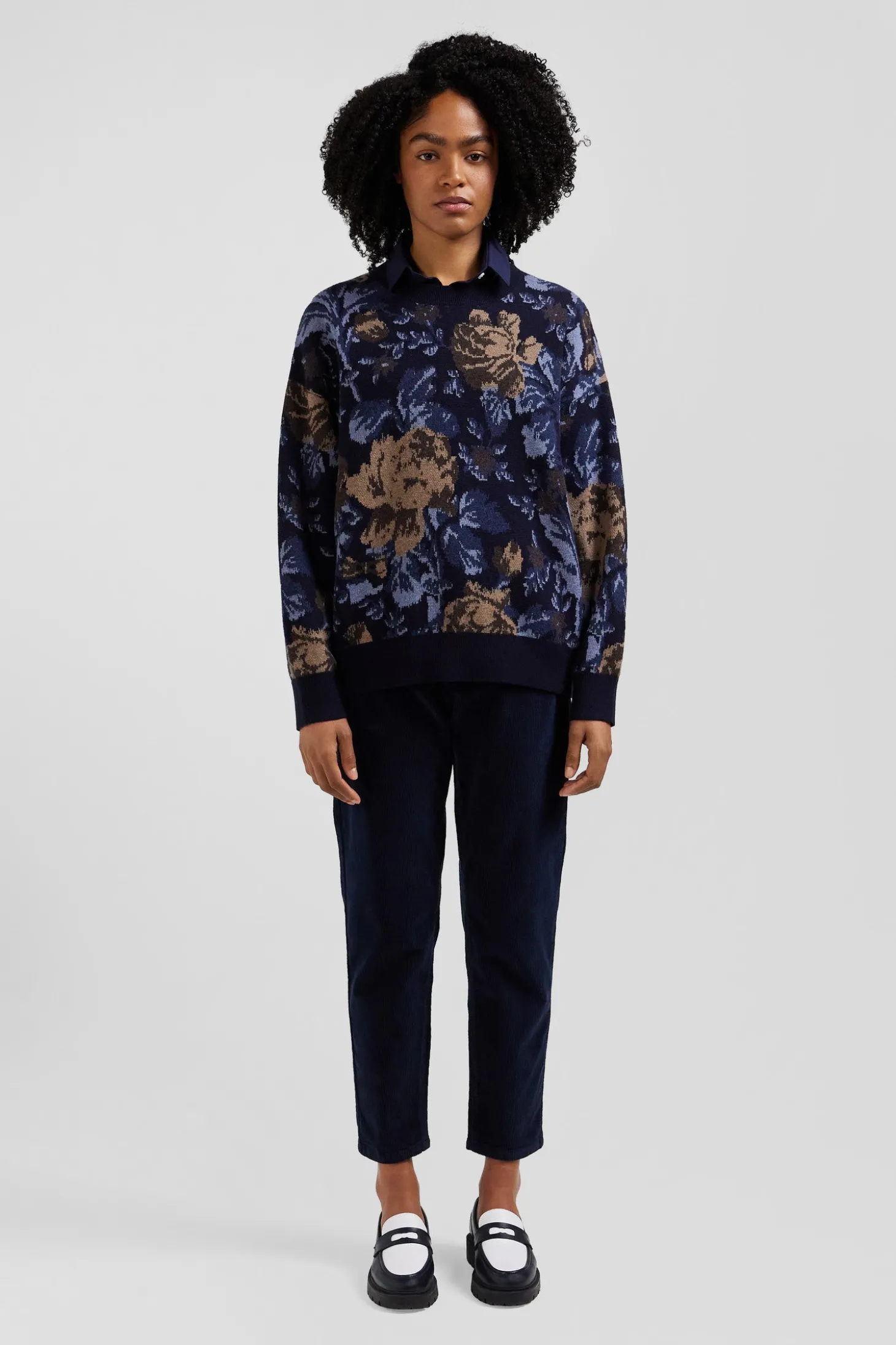 Oversize navy wool and cotton crew neck jumper with floral patterns