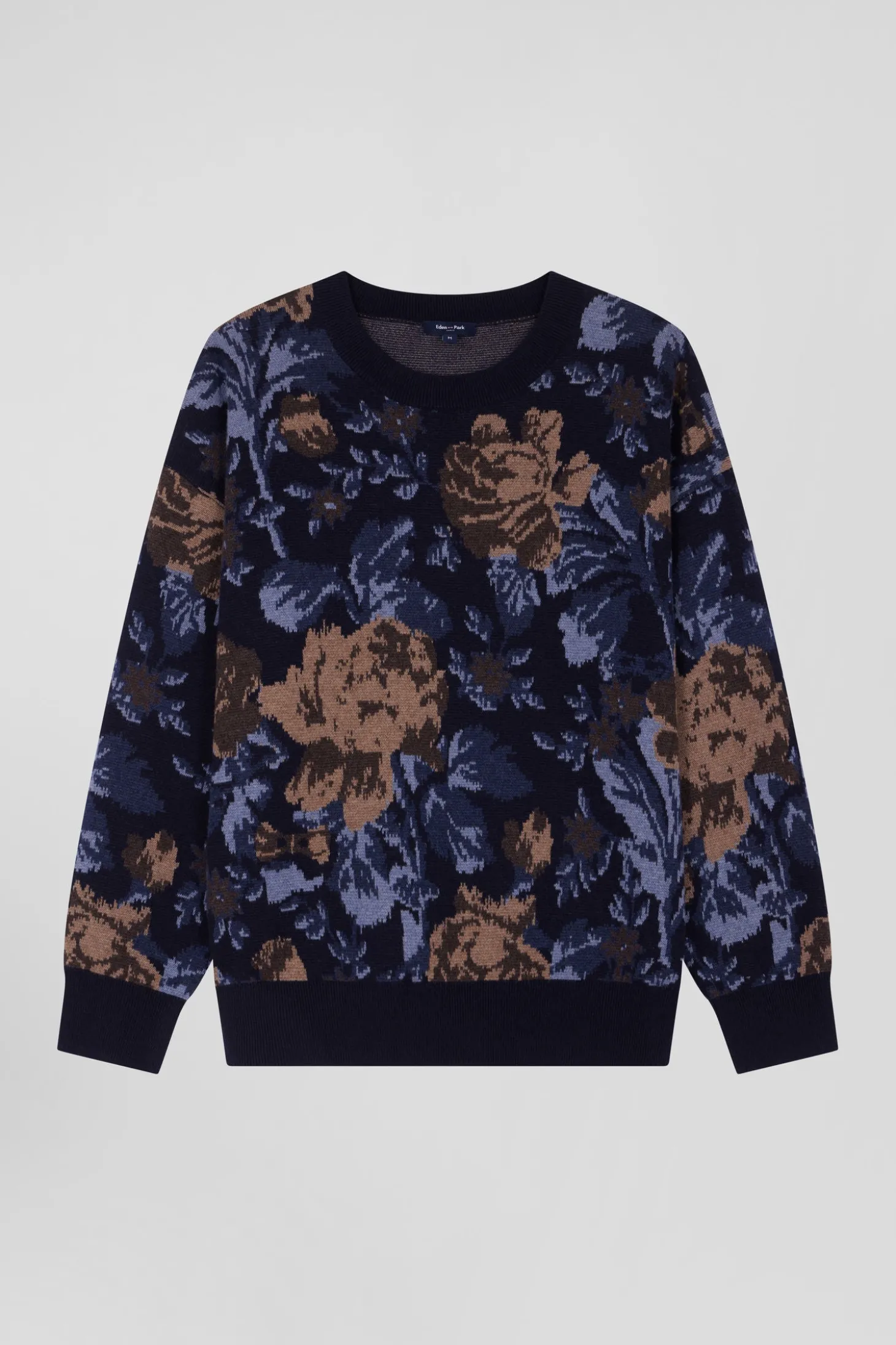Oversize navy wool and cotton crew neck jumper with floral patterns
