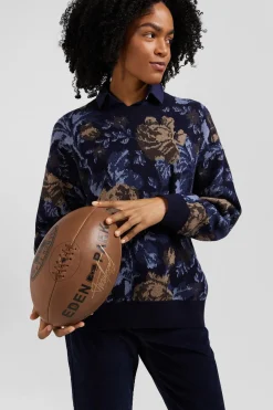 Oversize navy wool and cotton crew neck jumper with floral patterns