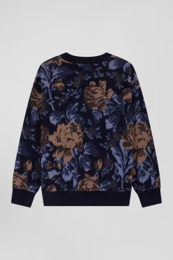 Oversize navy wool and cotton crew neck jumper with floral patterns