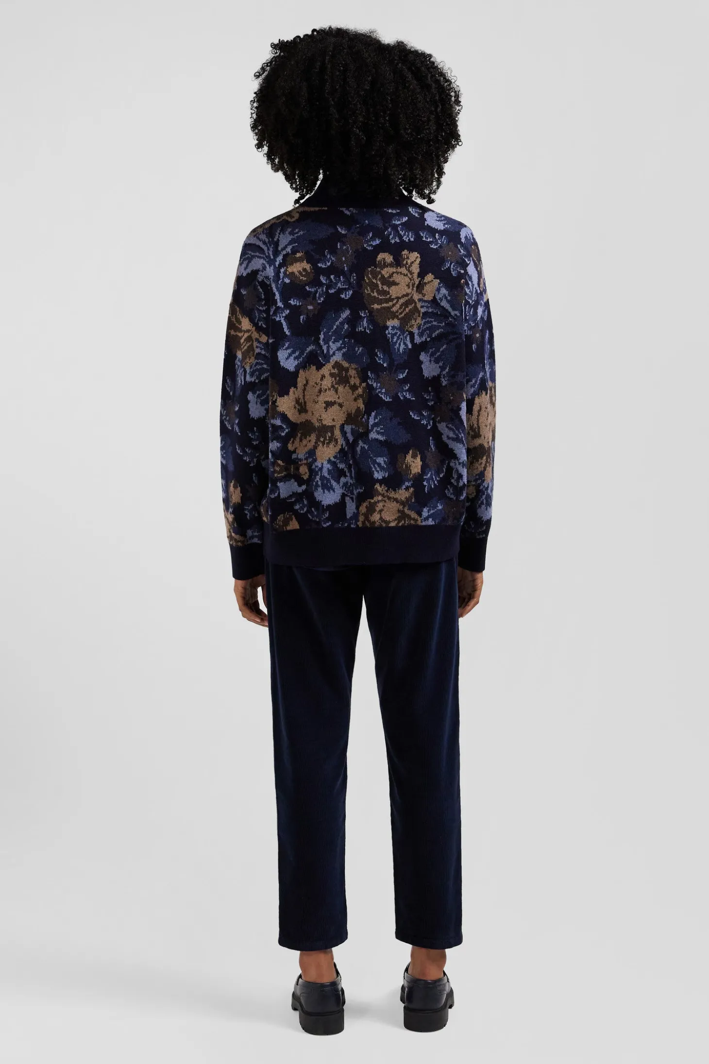 Oversize navy wool and cotton crew neck jumper with floral patterns