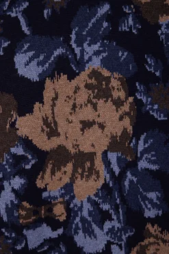 Oversize navy wool and cotton crew neck jumper with floral patterns