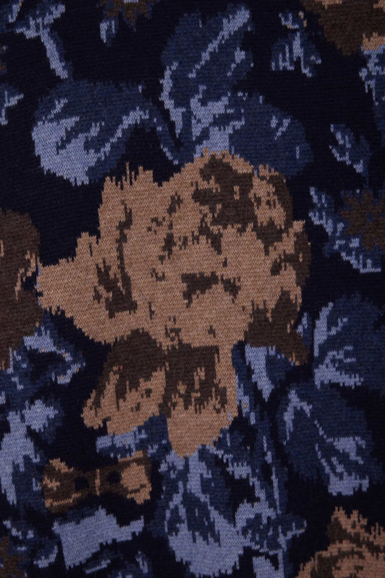 Oversize navy wool and cotton crew neck jumper with floral patterns