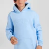 Oversize sky blue embroidered cotton blend hoodie