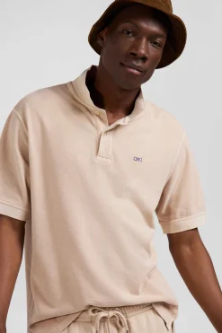 Oversized beige unisex short-sleeved cotton piqué polo shirt