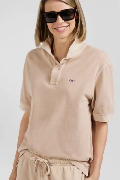 Oversized beige unisex short-sleeved cotton piqué polo shirt