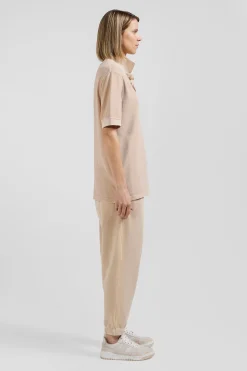 Oversized beige unisex short-sleeved cotton piqué polo shirt