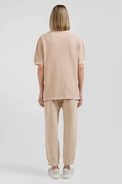 Oversized beige unisex short-sleeved cotton piqué polo shirt