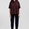 Oversized burgundy short-sleeved cotton piqué polo shirt with tricolour collar