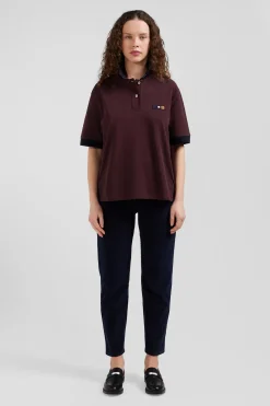 Oversized burgundy short-sleeved cotton piqué polo shirt with tricolour collar
