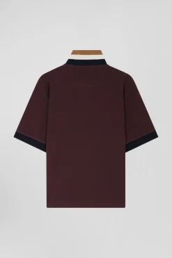 Oversized burgundy short-sleeved cotton piqué polo shirt with tricolour collar