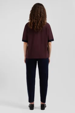 Oversized burgundy short-sleeved cotton piqué polo shirt with tricolour collar