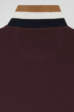 Oversized burgundy short-sleeved cotton piqué polo shirt with tricolour collar