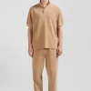 Oversized camel unisex short-sleeved cotton piqué polo shirt