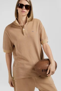 Oversized camel unisex short-sleeved cotton piqué polo shirt