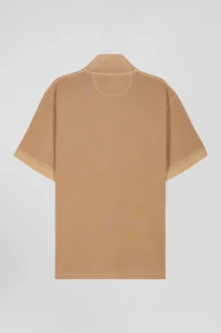 Oversized camel unisex short-sleeved cotton piqué polo shirt