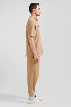 Oversized camel unisex short-sleeved cotton piqué polo shirt